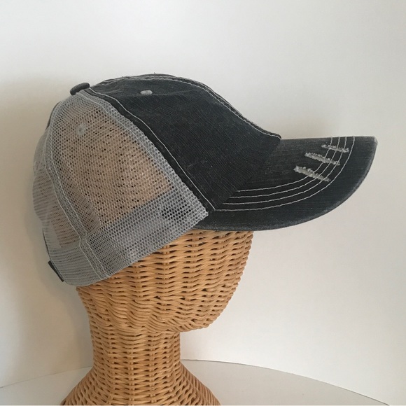Distressed Canvas, Mesh Back Ponytail Hat Adjustable Black Grey New! - Picture 3 of 12